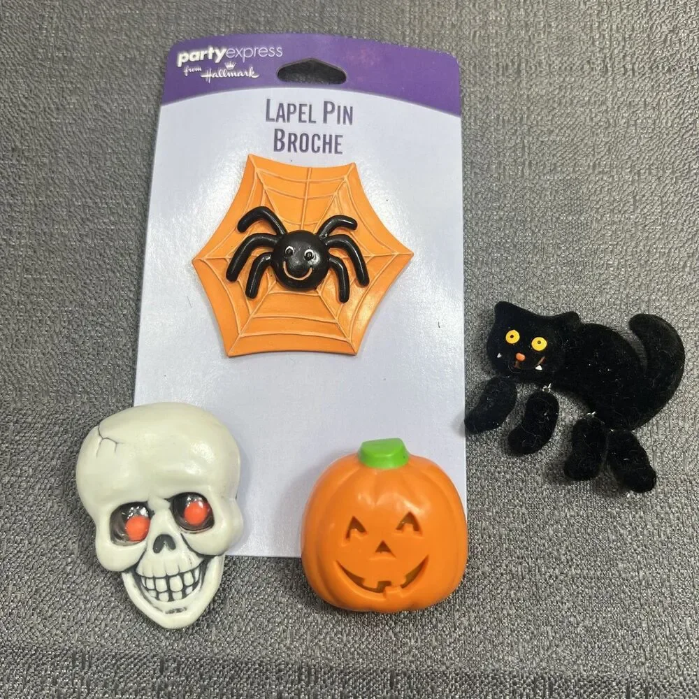 Vitg Hallmark Halloween Fuzzy Black Cat, Skull, Spider, Jack-O-Lantern Brooches